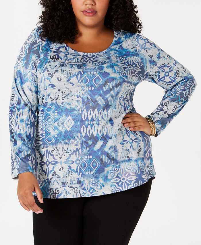 Style & Co Plus Size Printed Embellished Top, Created for Macy's - Macy's