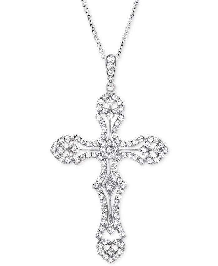 Macy's - Diamond Cross 18" Pendant Necklace (1 ct. t.w.) in Sterling Silver