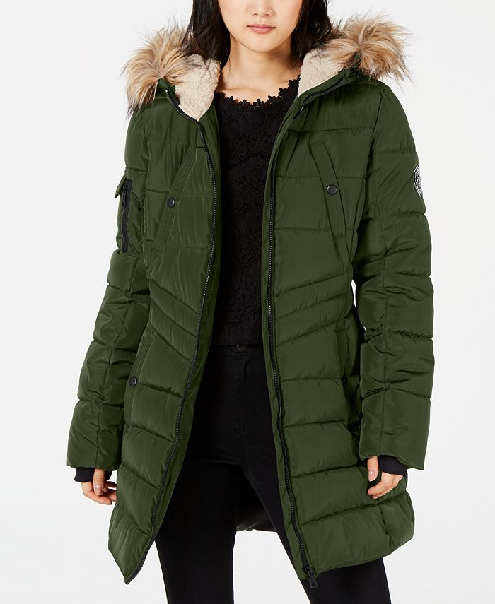 Madden Girl Juniors' Plus Size Hooded Faux-Fur-Trim Parka