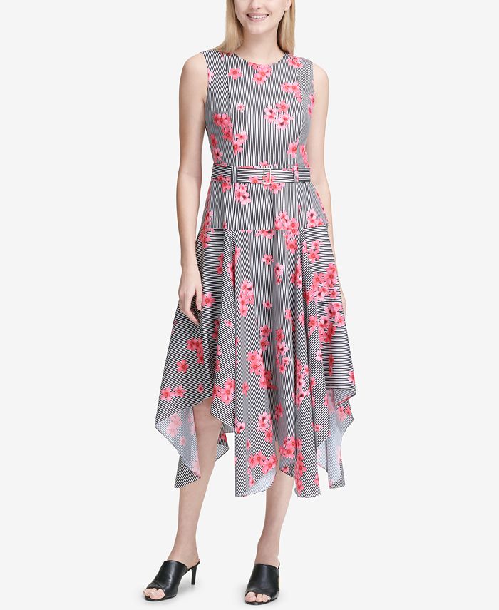 servidor Ojalá alegría Calvin Klein Belted Printed Handkerchief-Hem Dress - Macy's