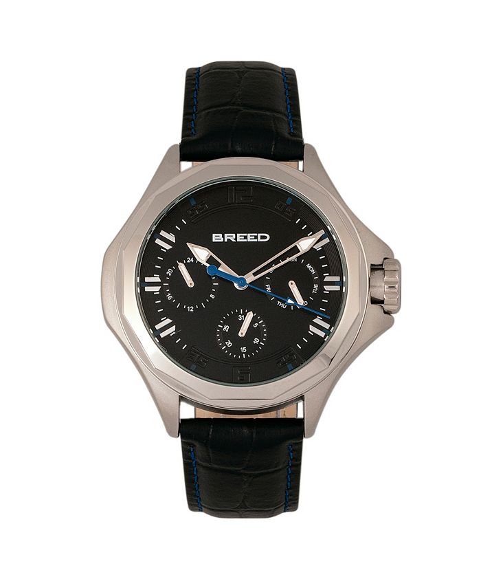 Breed - Tempe Leather-Band Watch w/Day/Date - Black/Silver