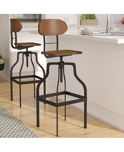 Benzara Industrial Style Wooden Swivel Bar Stool With Black Metal