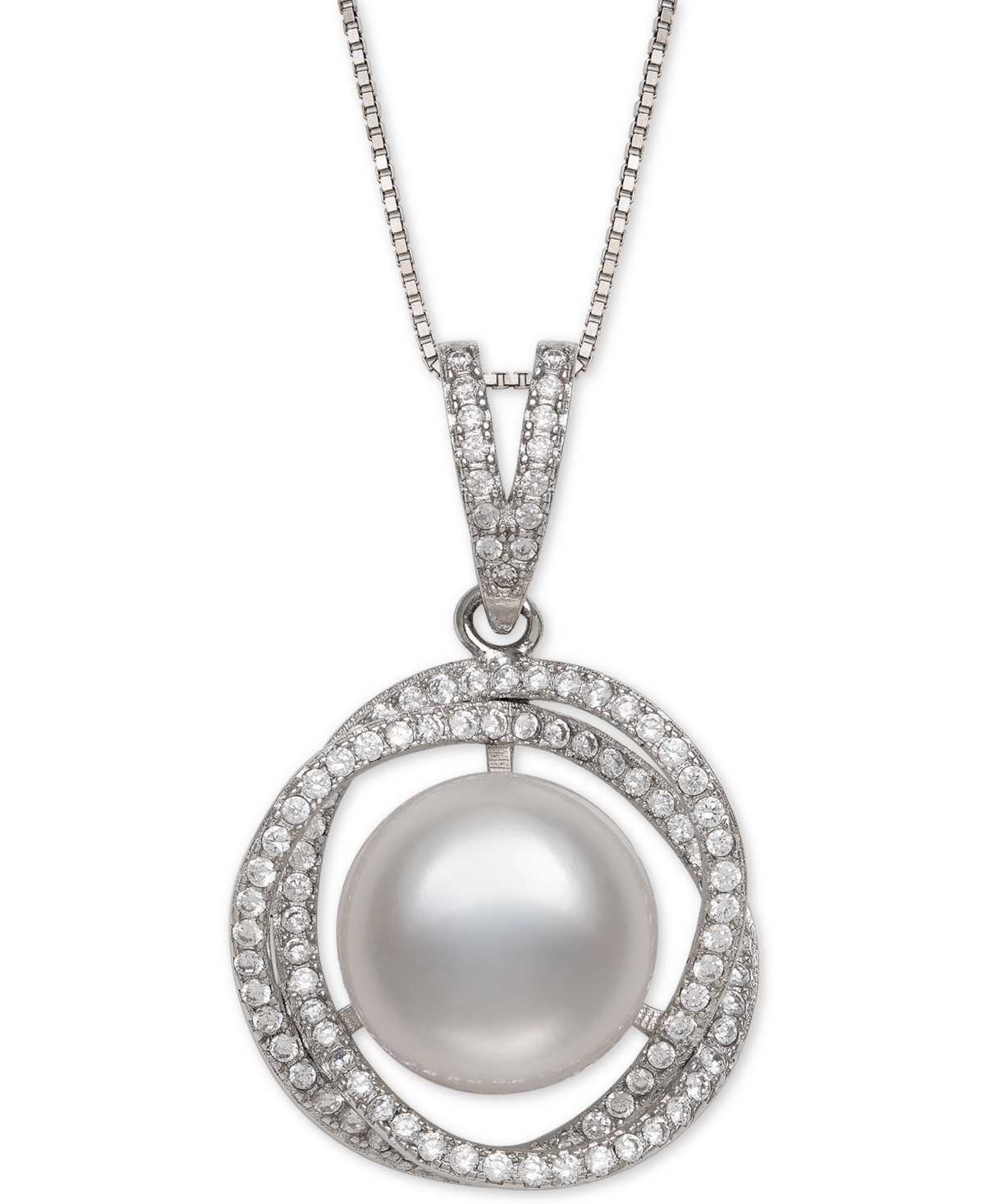 Cultured Freshwater Pearl (11mm) & Cubic Zirconia 18" Pendant Necklace in Sterling Silver - Silver