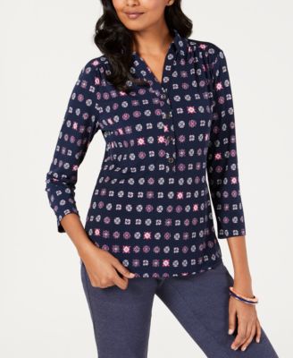 Charter Club 3/4 Sleeve Printed Polo Top Blue Size M main image 1