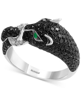 EFFY Collection - Diamond (1-1/2 ct. t.w.) & Emerald Accent Big Cat Statement Ring in 14k White Gold