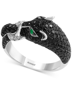 image of Effy Diamond (1-1/2 ct. t.w.) & Emerald Accent Big Cat Statement Ring in 14k White Gold