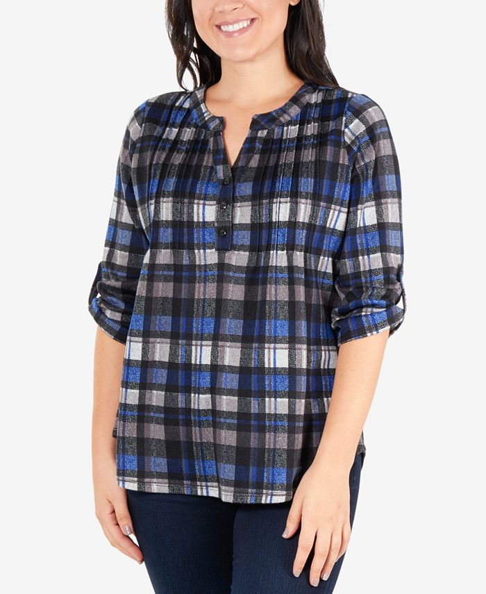 NY Collection Plaid Pintuck Henley Top Macy's