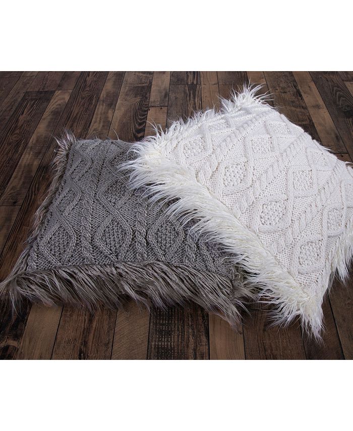 HiEnd Accents - Nordic  Cable Knit Pillow with Mongolian Fur Details, 18x18 Grey