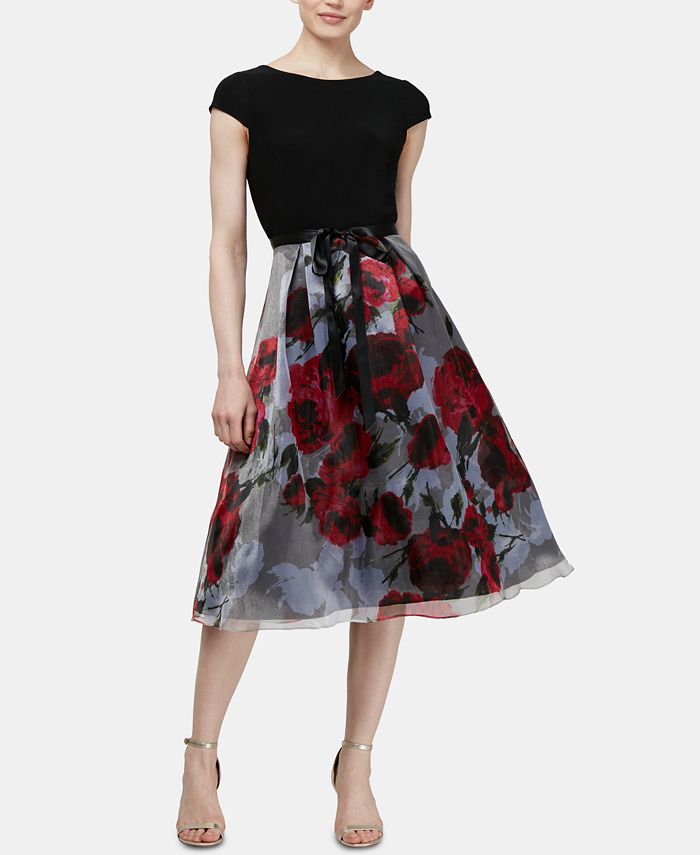 SL Fashions Floral Organza Ruched Dress - Macy's