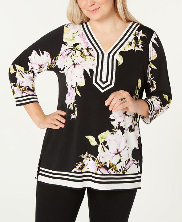 JM Collection Plus Size Embellished Printed Tunic Top, Created for Macy ...