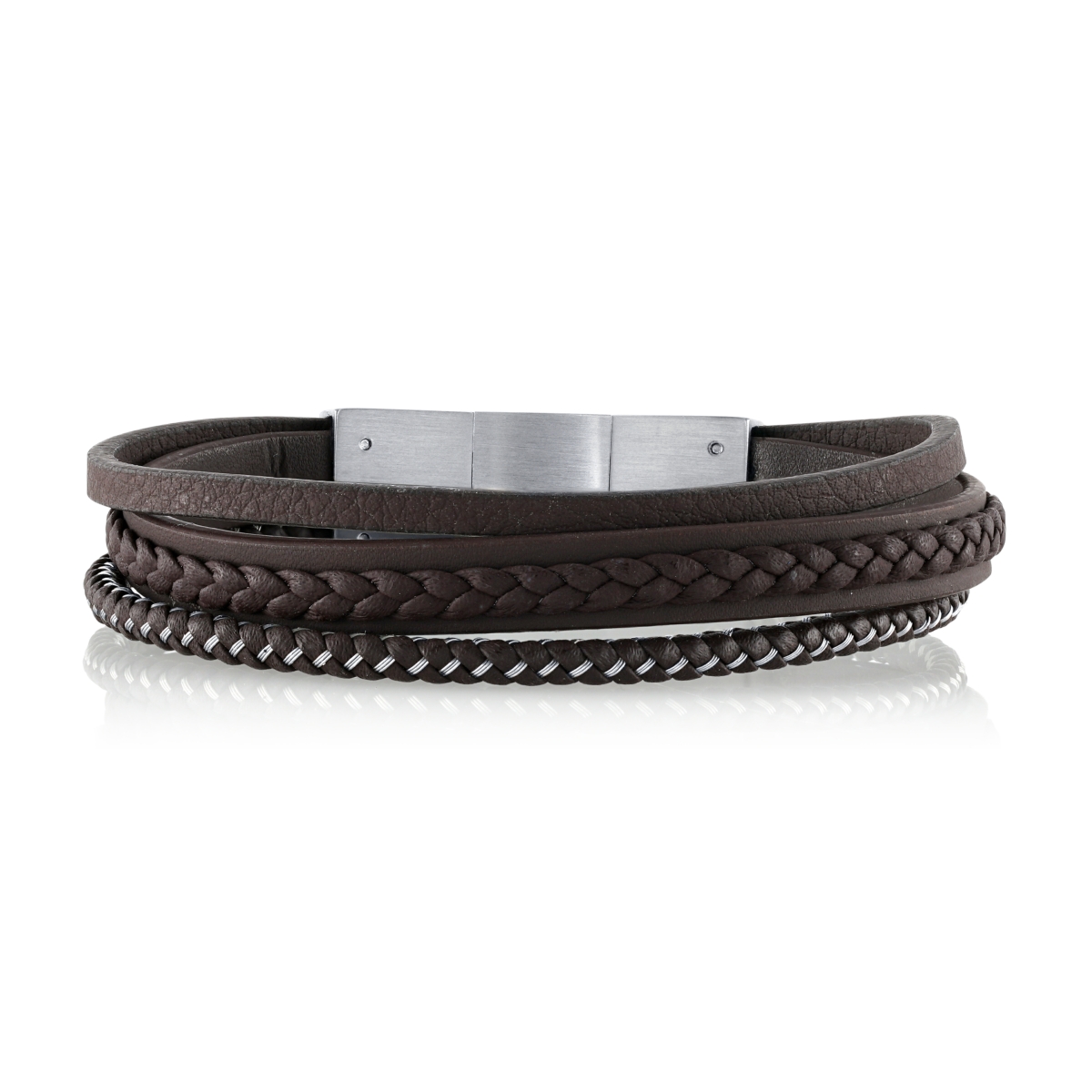 He Rocks Brown Leather and Stainless Steel Triple Wrap Bracelet, 8.5"