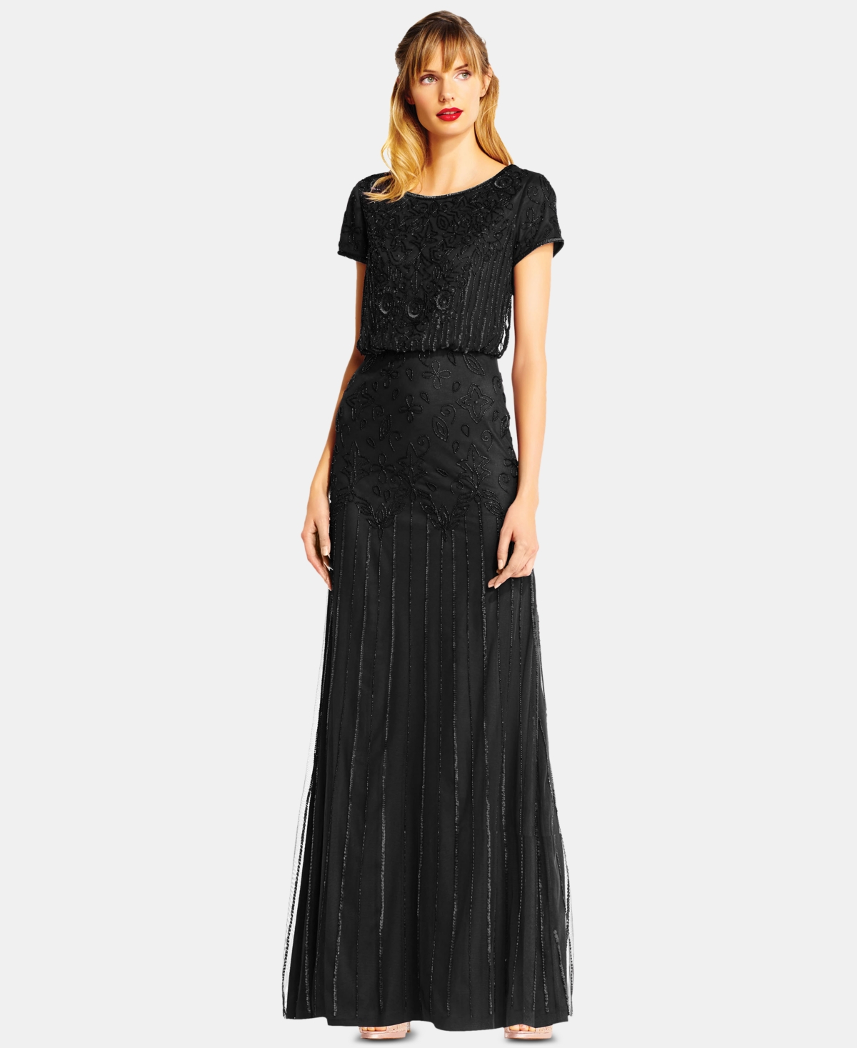 Adrianna Papell Women's Beaded Short-sleeve Sheer-overlay Gown In Gold