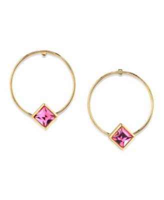 14K Gold-tone Diamond Shape Crystal Hoop Stainless Steel Post Small Earrings 