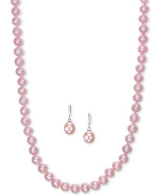 Macy's - Cultured Freshwater Pearl Necklace (7mm) and Drop Earrings (8mm) Set in Sterling Silver
