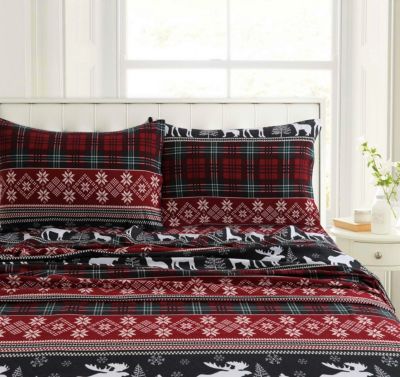 Tribeca Living Holiday Print Heavyweight Flannel Extra Deep Pocket Sheet Set Bedding In Checkered Buck