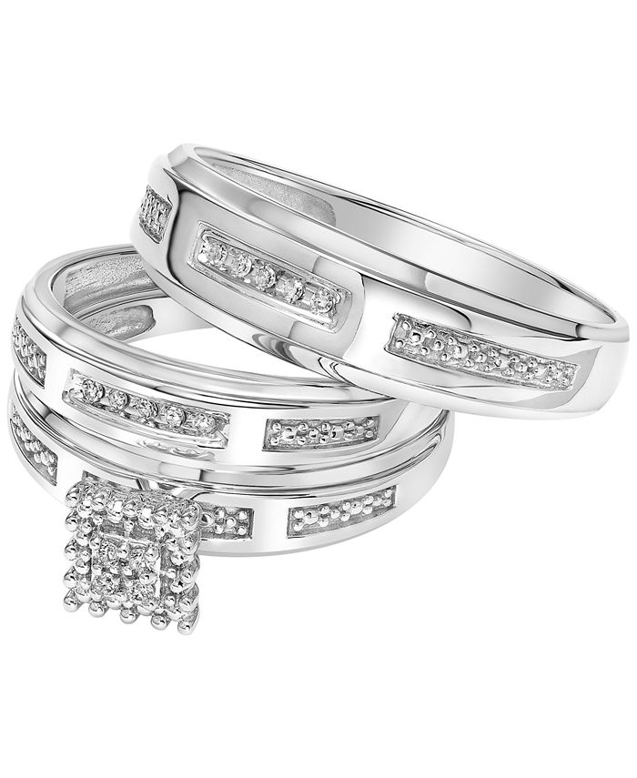 Round Lab Diamond Mens Ladies White Gold Finish Engagement Wedding Ring Trio Set 