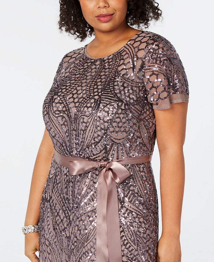 r & m richards plus size sequined godet gown