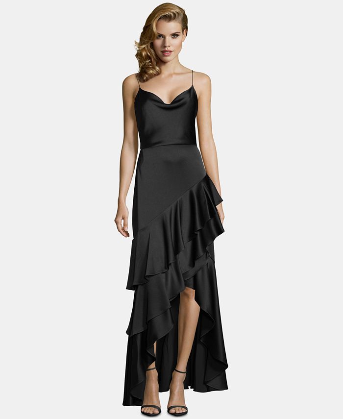 Betsy & Adam Ruffled Satin High-Low Gown - Macy's