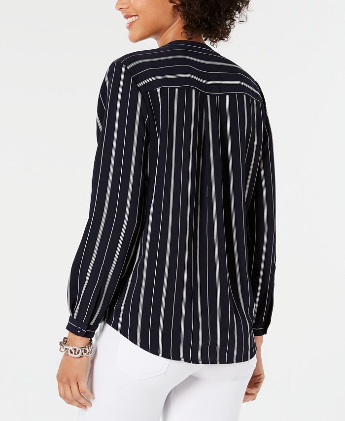 Charter Club Petite Split-Neck Striped Blouse, Created for Macy's - Macy's