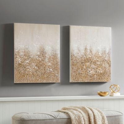 Golden Glimmer Hand Brush Embellished Canvas, Set of 2