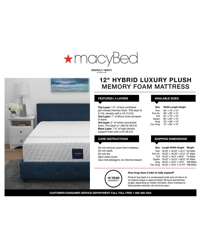 MacyBed 12" Plush Memory Foam Mattress , Quick Ship, Mattress in a Box