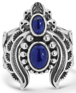 image of American West Double Lapis Ring with Feather Scroll work in Sterling Silver