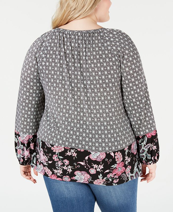 Style & Co Plus Size Mixed-Print Bishop-Sleeve Top, Created for Macy's ...