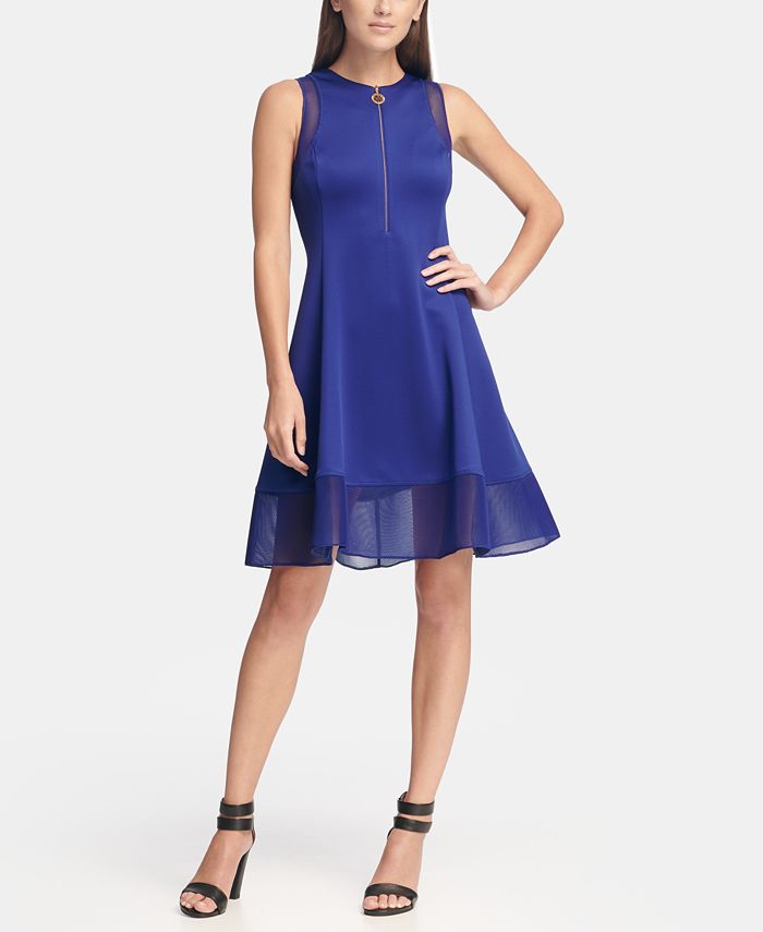 DKNY Fit and Flare Dress with Mesh Trim & Logo Zipper, Created for Macy ...
