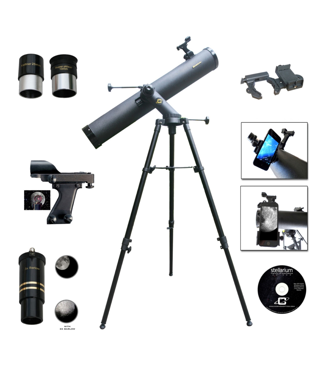 Cosmo Brands Cassini 1000 X 120mm Astronomical Tracker Mount Telescope And Smartphone Adapter In Charcoal