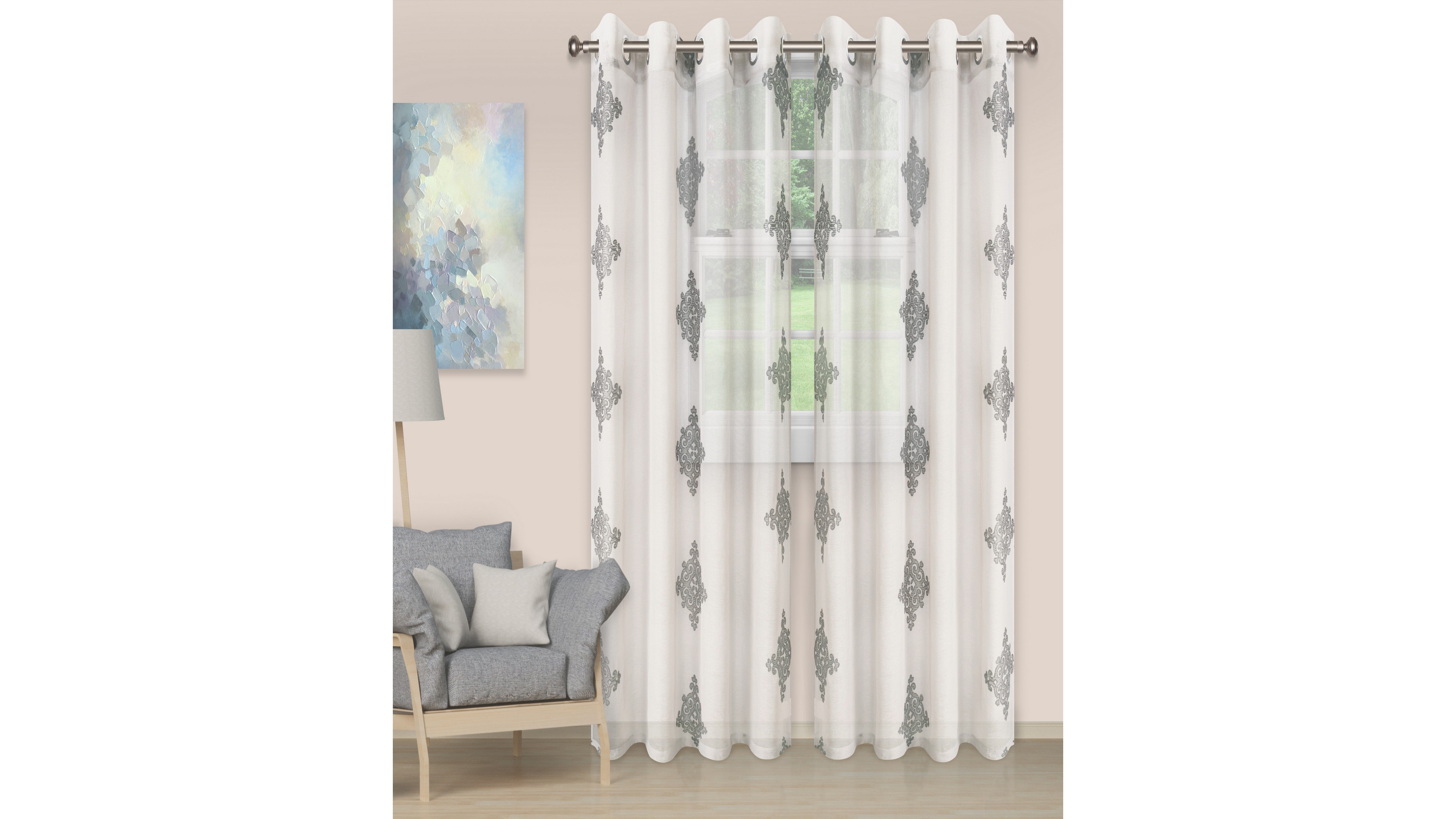 Superior Damask Sheer Grommet Top Curtain Panels, 52" x 108" (Set of 2)