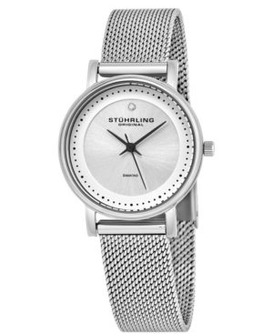 Stuhrling Original Stainless Steel Case On Mesh Bracelet, Silver Dial, With Black Accents, And Diamond At 12