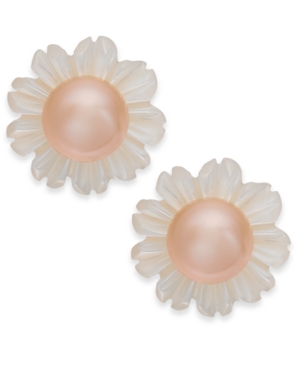 image of Pink Cultured Button Freshwater Pearl (6mm) & White Mother-of-Pearl (12mm) Stud Earrings in Sterling Silver