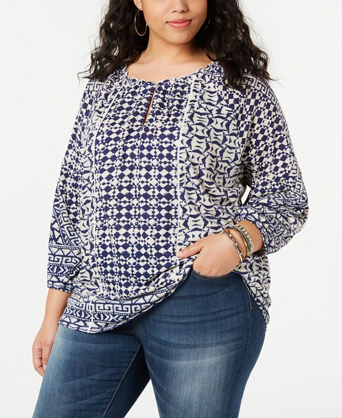 Lucky Brand Plus Size Printed Shirred-Neck Top - Macy's