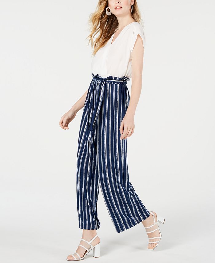 Monteau Petite Short-Sleeve Mixed-Media Jumpsuit & Reviews - Pants - Petites - Macy's