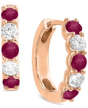 image of Effy Certified Ruby (3/4 ct. t.w.) & Diamond (3/8 ct. t.w.) Hoop Earrings in 14k Rose Gold