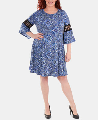 NY Collection Plus Size Crochet-Trimmed Bell-Sleeve Dress - Macy's