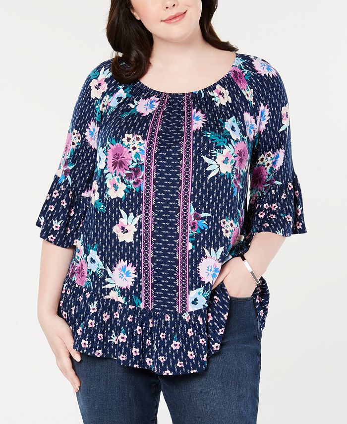 Style & Co Plus Size Mixed-Print On-And-Off-The-Shoulder Top, Created ...