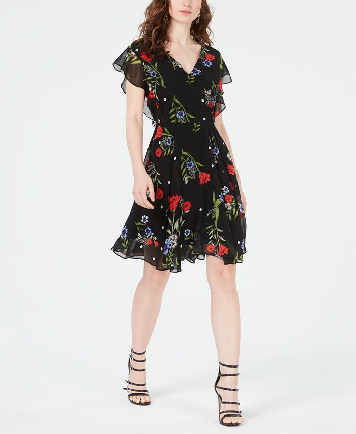 GUESS Vera Floral-Print Belt-Detail Dress - Macy's