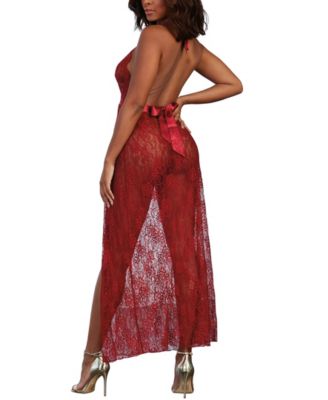 Women's Lace Halter Lingerie Gown with Scalloped-Edge Trim
