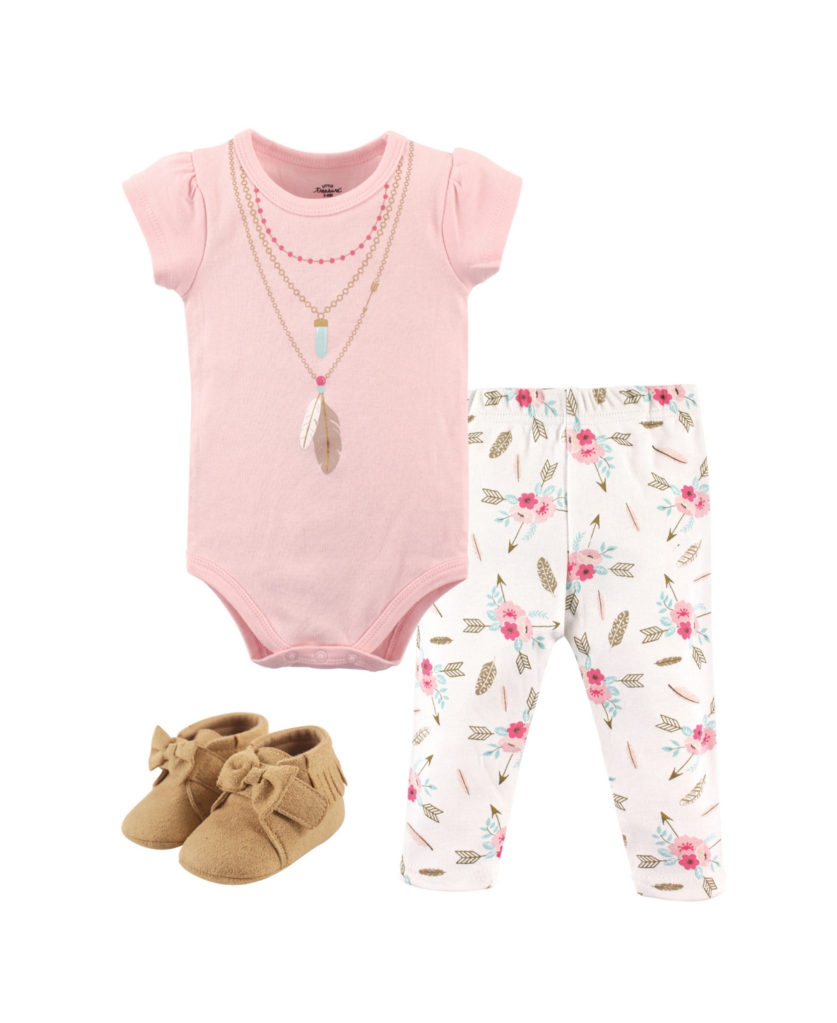Little Treasure Baby Girls Treasure One's Cotton Outfit Set Bodysuit, Pants, and Matching Shoes - Boho