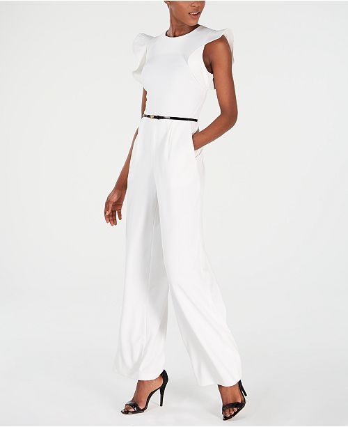 Calvin Klein Belted Ruffle Sleeve Jumpsuit Reviews Pants Leggings Women Macy S