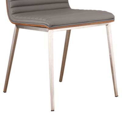 Caf&eacute; Brushed Stainless Steel Dining Chair in Gray Artificial leather with Walnut Back - Set of 2