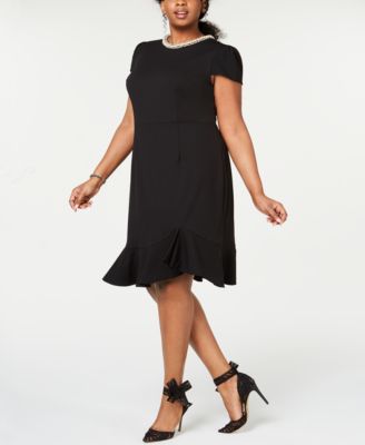 Betsey Johnson - Plus Size Pearl-Trimmed Flounce-Hem Dress