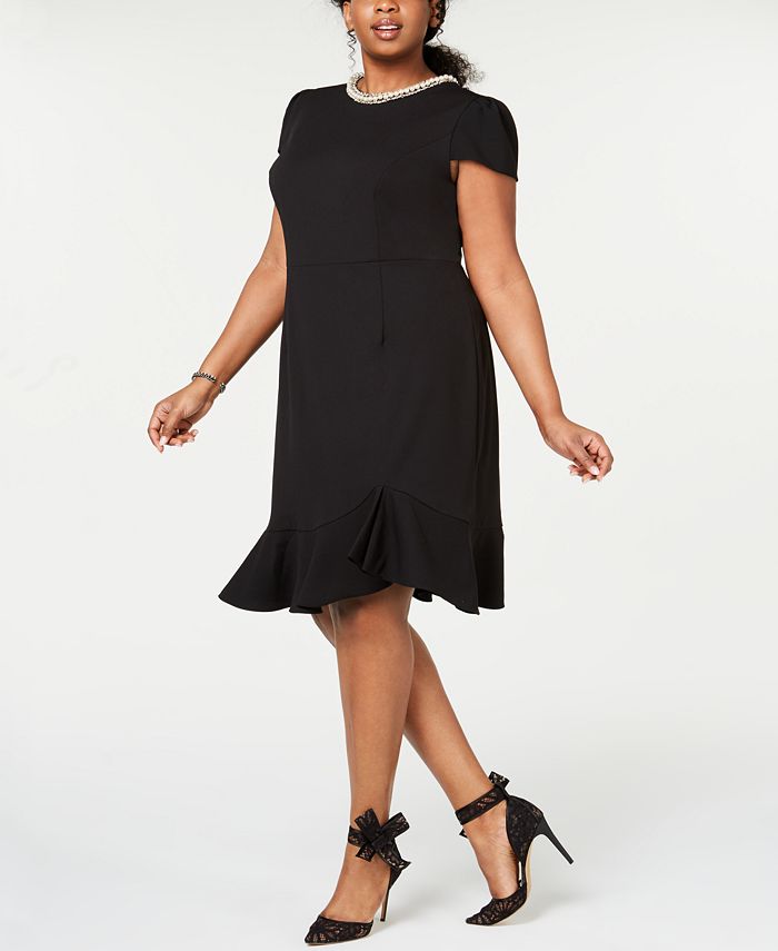 Betsey Johnson Trendy Plus Size Pearl Trimmed Flounce Hem Dress