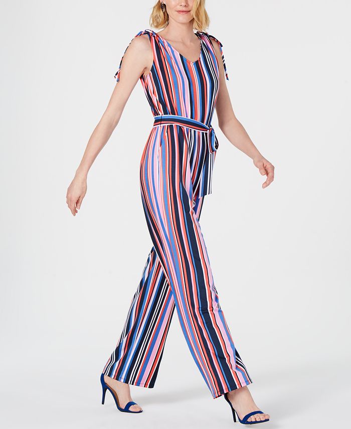 NY Collection Petite Tie-Shoulder Belted Jumpsuit - Macy's