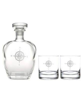 Compass Rose 3 Piece Gift Set - Whiskey Decanter And Rocks Glasses
