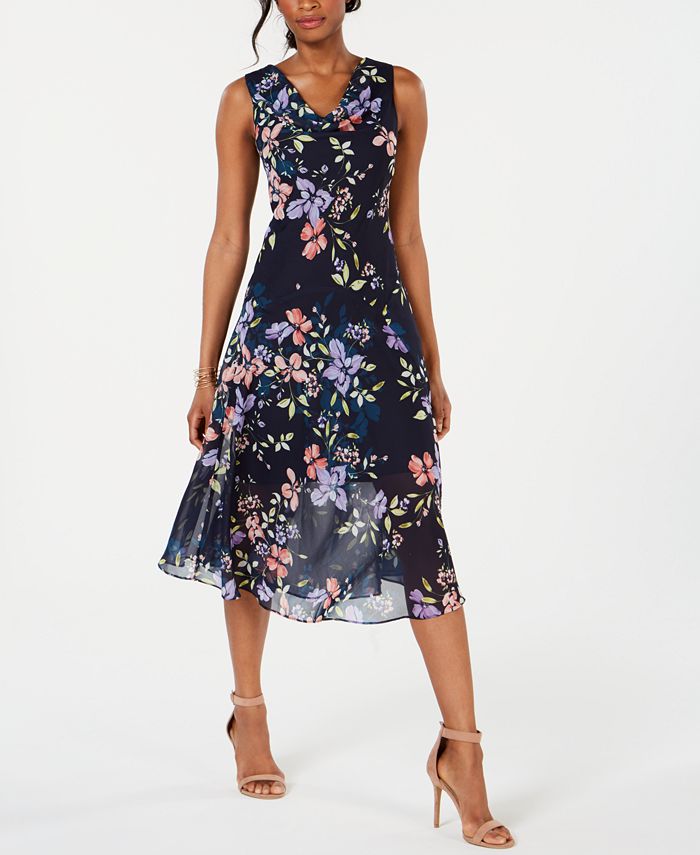 Robbie Bee Women's Printed Chiffon Pleat Neck Dress Pink Size Medium