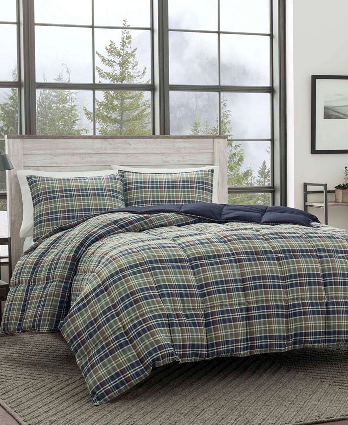 Eddie Bauer Rugged Plaid Navy Microsuede Down Alt Reversible Comforter