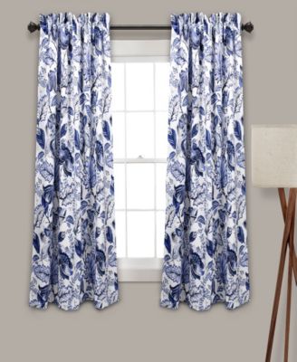 Lush Decor Cynthia Jacobean Room Darkening Window Curtain Panels Pair 52"W x 84"L+2" Blue - Floral Curtains for Living Room - Long Bedroom Curtains