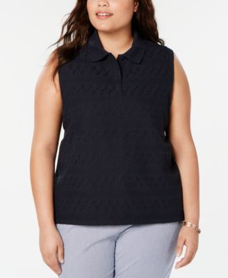 Plus Size Eyelet Lace Polo Top, Created for Macy's